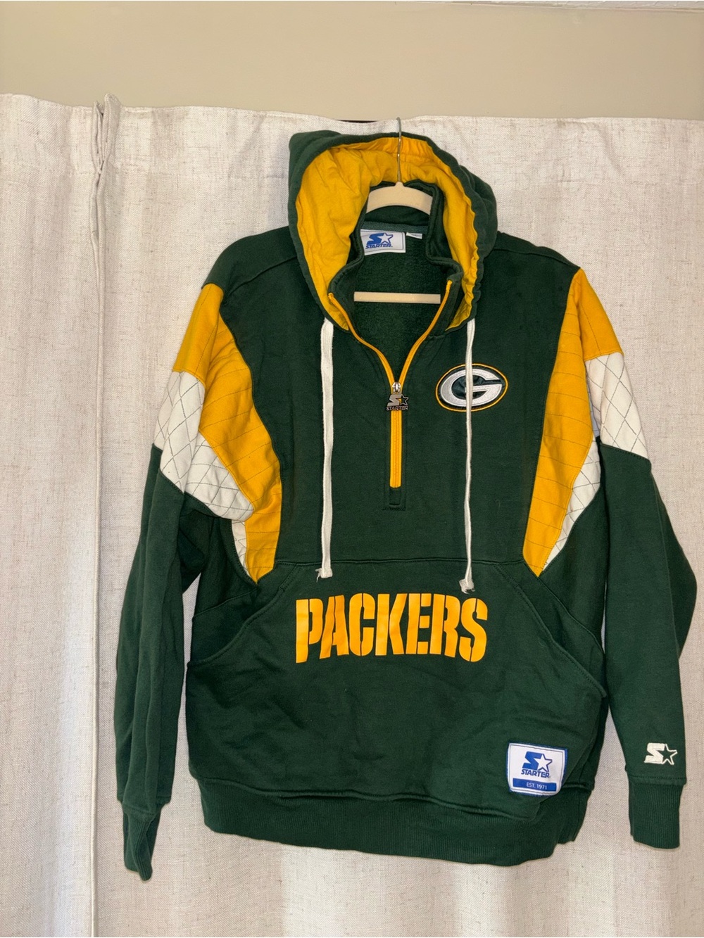 STARTER Green and Gold Packers Half-Zip Hoodie Sweatshirt